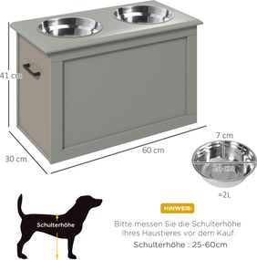 PawHut Stacja Karmienia Podwyższona z 1 Schowkiem i 2 Miskami ze Stali Nierdzewnej, 60 cm x 30 cm x 41 cm, Szary