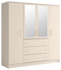 Szafa 4-drzwiowa z 3 szufladami - Z lustrami - szer. 196 cm - Beżowy i złoty - LIZANDRO