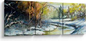 Obraz zimowej rzeki, obraz olejny (z zegarem) (90x30 cm)
