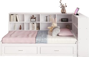 Rozkładana sofa - 90/180 x 190 cm - ze schowkiem + 2 szuflady + gniazdo - sosna + sklejka + MDF - biały