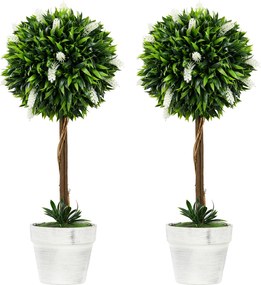 HOMCOM Zestaw 2 Sztucznych Drzewek Lawendowych, 60 cm Wysokości, Zawiera Donicę i Sztuczny Mech, Biały