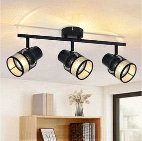 NETTLIFE Lampa sufitowa 3 punkty E27 metal max. 25W czarno-złoty abażur z tkaniny vintage obracany o 330° do salonu, sypialni, kuchni, przedpokoju, schodów