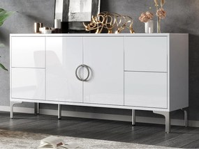 Lakierowany błyszczący kredens 150x38x59,5 cm - z 4 szufladami i 2 drzwiami - Nogi metalowe - MDF - Biały
