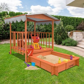 Piaskownica z werandą HAPPY, lita sosna 130 x 130 x 143 cm, brązowo szary Jurhan