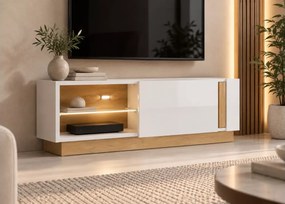 Szafka RTV Ariko 138 cm – w kolorze biały połysk / dąb grandson z przeszkloną półką