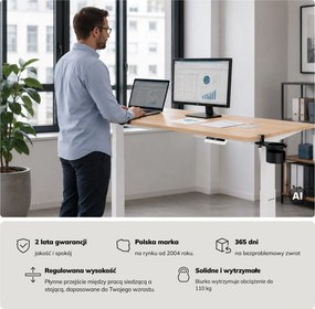 Biurko elektryczne z regulacją wysokości ergonomiczne białe/dąb sonoma,1600x800 mm: ARIA