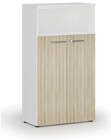 Szafa biurowa kombinowana PRIMO WHITE, drzwi na 3 poziomach, 800 x 420 x 1434 mm, biały/dąb naturalny