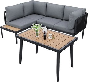 Zestaw mebli ogrodowych narożnych 4-osobowych ze stali ocynkowanej: 2 sofy 2-osobowe + 1 stół prostokątny - Beżowy