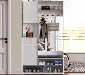 Nowoczesna szatnia wejściowa - z 4 wieszakami, 2 drzwiami i 1 szufladą - z ławką i otwartymi półkami - Biały