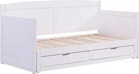 Łóżko wysuwane dzienne 90 x 190 lub 180 x 190 cm - Z rozsuwanym stelażem i szufladami - Drewno sosnowe i MDF - Biały + Materac - DINIVA