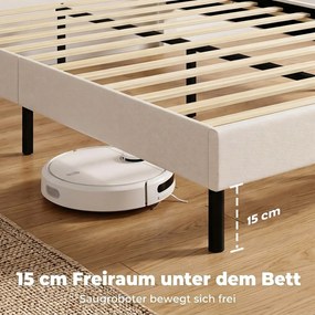 HOMCOM Rama łóżka 140 x 200 cm z regulowanym wezgłowiem, tapicerowane łóżko w wyglądzie lnu z 12 listwami ze sklejki, beżowy | Aosom PL