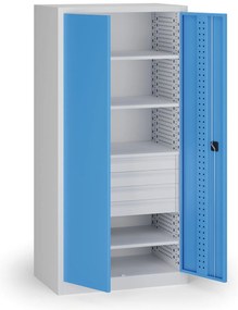 Szafa warsztatowa na narzędzia KOVOS, 4 półki, 4 szuflady, perforowana, 950 x 600 x 1950 mm, niebieski