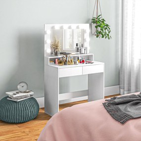 HOMCOM Toaletka z oświetlonym lustrem, szufladami, 3 opcje światła, 10 żarówek, nowoczesna toaletka w kolorze białym