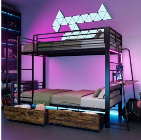 Łóżko piętrowe 90 x 200 cm z czarnego metalu ze zintegrowanym biurkiem, szufladami magazynowymi i oświetleniem LED, bez materaca