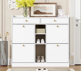 Szafka na buty 110 x 26 x 100 cm - z 4 drzwiami - 2 szufladami - 3 otwartymi przegrodami - biała