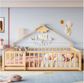 Łóżko dziecięce 140x190 cm Łóżko podwójne z barierkami i stelażem - sosna - naturalne (bez materaca)