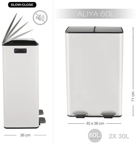 Stalowy kosz na śmieci 2x30 l do segregacji odpadów/z pedałem w matowym białym kolorze Aliya – Spirella