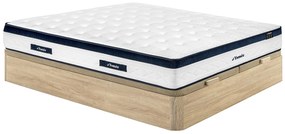 Zestaw 180 x 200 cm: łóżko kontynentalne ze skrzynią w kolorze jasnym naturalnym + materac sprężynowy kieszeniowy 5 stref, pokrowiec chłodzący, grubość 28 cm – KOROVOU by YSMÉE