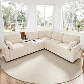 Narożnik modułowy 5-osobowy - 227 x 202 x 83 cm - z portem USB i schowkiem - do salonu i sypialni - wzór Chenille - beżowy