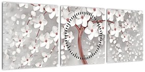 Obraz - Obraz białego drzewa z kwiatami, rosegold (z zegarem) (90x30 cm)