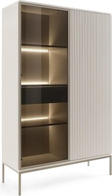 Witryna z szufladą Haller - w stylu loft, szklane drzwi, oświetlenie LED - witryna 100 cm do salonu z lamelami, kaszmir