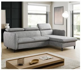 Narożna rozkładana sofa w kształcie L NISA, szara, prawostronna, z pojemnikiem na pościel