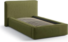Zielone tapicerowane łóżko jednoosobowe ze schowkiem ze stelażem 90x200 cm Jodie – Micadoni