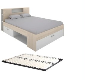 Łóżko ze schowkiem i szufladami - 140 x 190 cm - Kolor: Naturalny i biały + Stelaż - LEANDRE