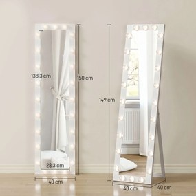 HOMCOM Lustro całopostaci 150x40 cm Lustro LED z 24 żarówkami 3 barwy światła, wolnostojące, do oparcia lub montażu na ścianie Biały | Aosom PL