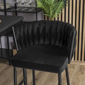 Krzesło Barowe Tapicerowane Plecione Hoker FLORES Czarne Welurowe Nowoczesne Loft