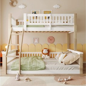 Łóżko piętrowe 90/140x200 cm, łóżko dziecięce z drabinką i barierką, stelaż z listew - białe i naturalne (bez materaca)