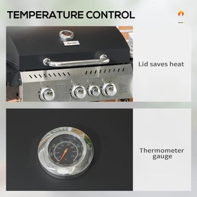 Outsunny Grill Gazowy, BBQ-Grill, 4 Główne Palniki, 1 Boczny Palnik, 1 Płyta Grzewcza; 123 x 52 x 101cm, Czarny