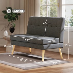 HOMCOM Sofa 2-osobowa, pikowane oparcie, drewniane nogi, grube wypełnienie, wygląd lnu, do małych pomieszczeń, szary