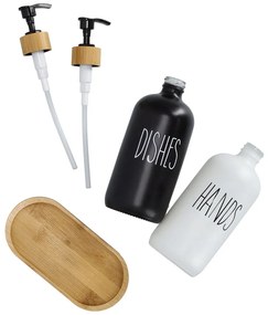 Zestaw dozowników na płyn i mydło z bambusową podstawką, 2 x 500 ml