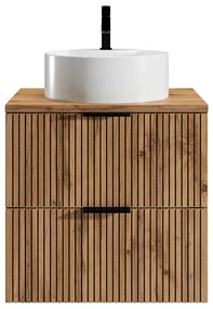 Wisząca szafka łazienkowa z prążkowanym frontem i okrągłą umywalką nablatową – jasny naturalny/ czarny – 60 cm – MADELA
