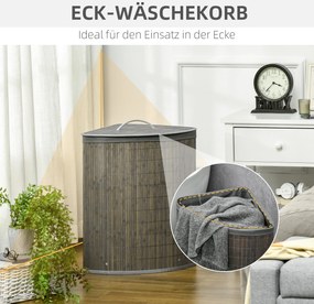 HOMCOM 55 L Kosz na pranie z pokrywą i uchwytami, Sorter prania z wyjmowanym workiem dla łazienki, Bambus, Szary