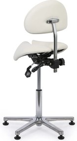 Taboret roboczy z oparciem ARDO, siedzisko w kształcie siodła, na ślizgaczach, biała