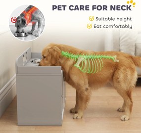 PawHut Podwyższona stacja karmienia z 2 miskami i szafką, MDF, stal nierdzewna, motyw kości, szary