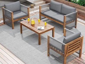 Zestaw mebli ogrodowych modułowych 4-osobowych z drewna akacjowego: 1 sofa 2-osobowa + 2 fotele + 1 stolik kawowy - Szary + naturalny