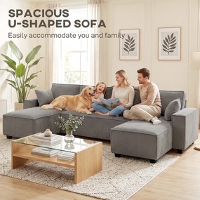 HOMCOM Narożnik z podwójnymi szezlongami, sofa w kształcie litery U z sztruksu, szerokie i głębokie siedzisko, sprężyny kieszeniowe, Jasnoszary | Aosom PL