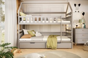 Łóżko piętrowe domek FELIKS 180x90 szare drewniane trzyosobowe z szufladami KOCOT KIDS