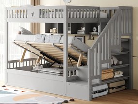 Łóżko piętrowe 140×200 cm - Łóżko z pojemnikiem pod spodem - Z drabinką bezpieczeństwa - Ze skrzynią przechowawczą - szary