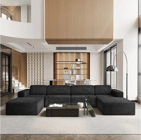 Duża Modułowa Sofa Narożna w Welurze Żebrowanym, 4-osobowa i 2 pufy, 404x202x82cm, Czarny