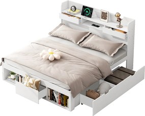 Łóżko dla dorosłych 140 x 190 cm – z zagłówkiem i szufladami, USB/Typ C – biała sosna – bez materaca