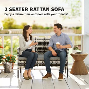 Outsunny 2-osobowa sofa rattanowa na taras z poduszką, antypoślizgowe maty, stalowa rama, jasnoszara | Aosom PL