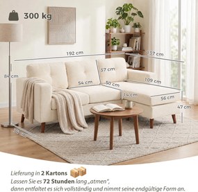 HOMCOM Narożnik 192 cm L-kształt 3-osobowa sofa z odwracalnym szezlongiem, wygląd sztruksu, do małych pomieszczeń, kremowo-biały | Aosom PL