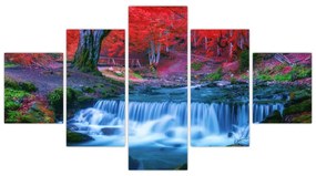 Obraz wodospadu w czerwonym lesie (125x70 cm)