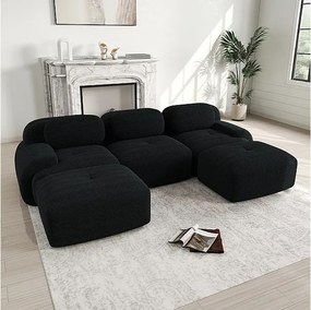 Modułowa sofa narożna 3-osobowa - z Welur - z 3 poduszkami i 2 pufami - 298x178x75cm - Czarny