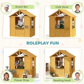 AIYAPLAY Drewniany domek ogrodowy dla dzieci z drzwiami, 3 oknami i 2 skrzynkami na kwiaty, dla dzieci w wieku 3-8 lat, 134,5 x 97 x 150 cm, brązowy | Aosom PL