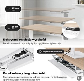 Biurko elektryczne z regulacją wysokości ergonomiczne białe/dąb sonoma,1200x600 mm: ARIA